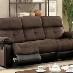 Brand New Brown & Black Two Tone Reclining Sofa 