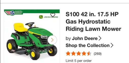 John Deere S100 42 in. 17.5 HP Gas Hydrostatic Riding Lawn Mower