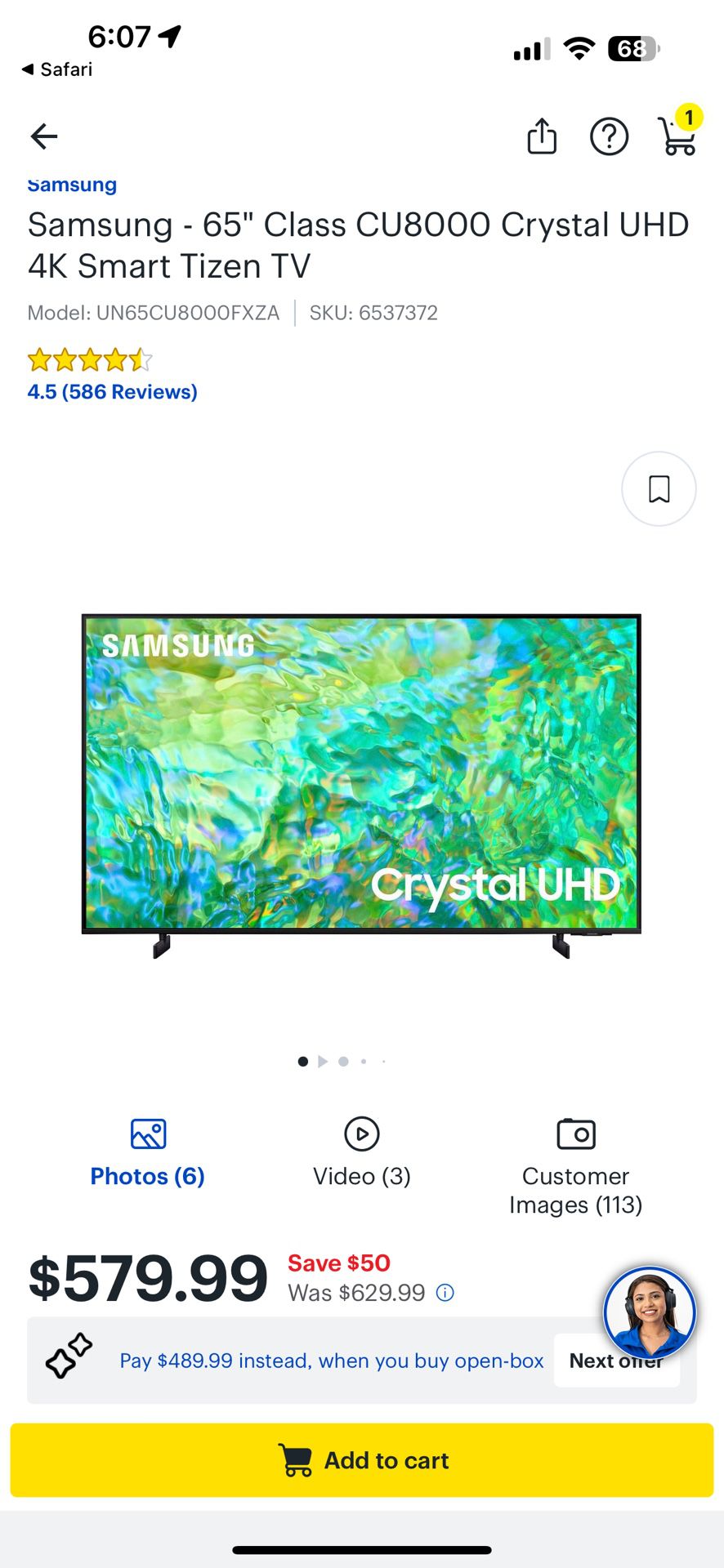 65” Samsung Tv Crystal UHD 