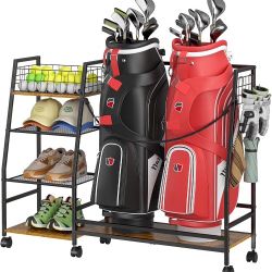 Golf Bag Storage Rack for Garage with Wheels, Organizer for Golf Bag and Equipment Accessories, Golf Organizer Stand Ideal for Home, Garage, Club, She
