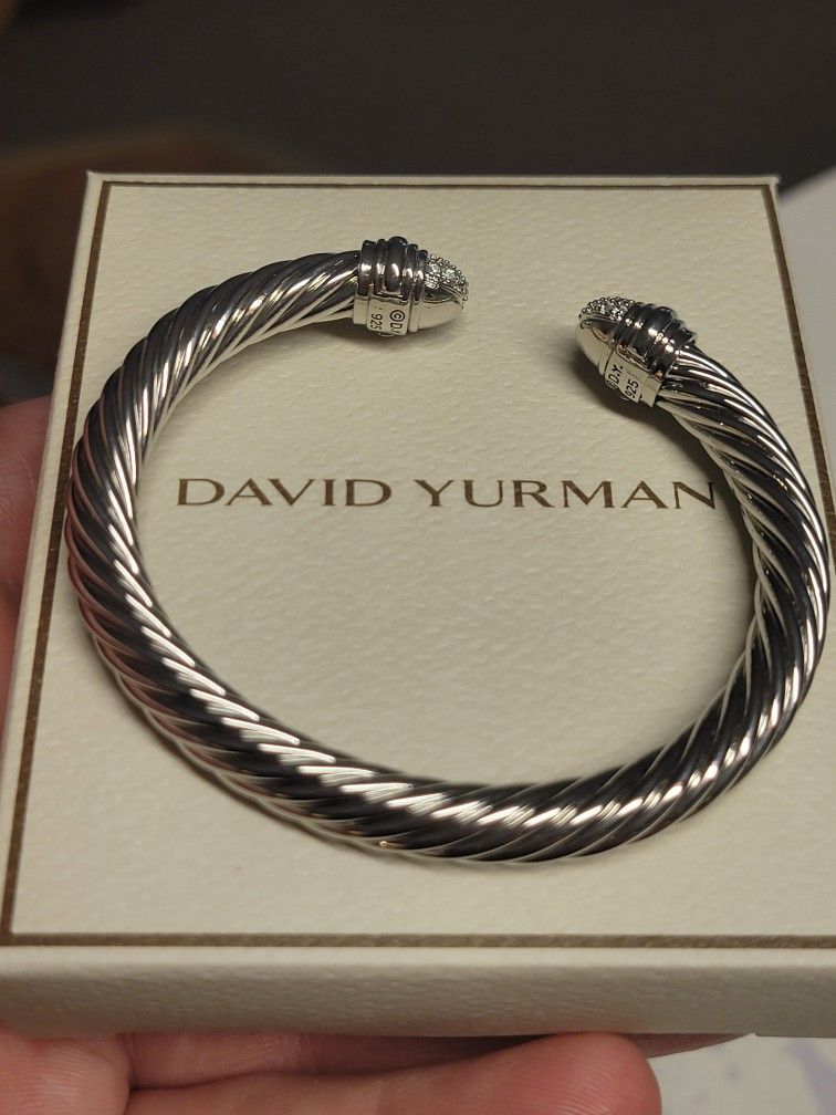 David Yurman Diamond Cable Cuff Bangle Bracelet DY 925 STERLING SILVER