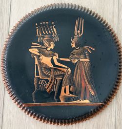 Signed Egyptian Brass Wall Decor Black Plate Goddess VINTAGE