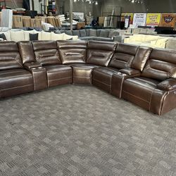Brown Leather Power Reclining Sectional 
