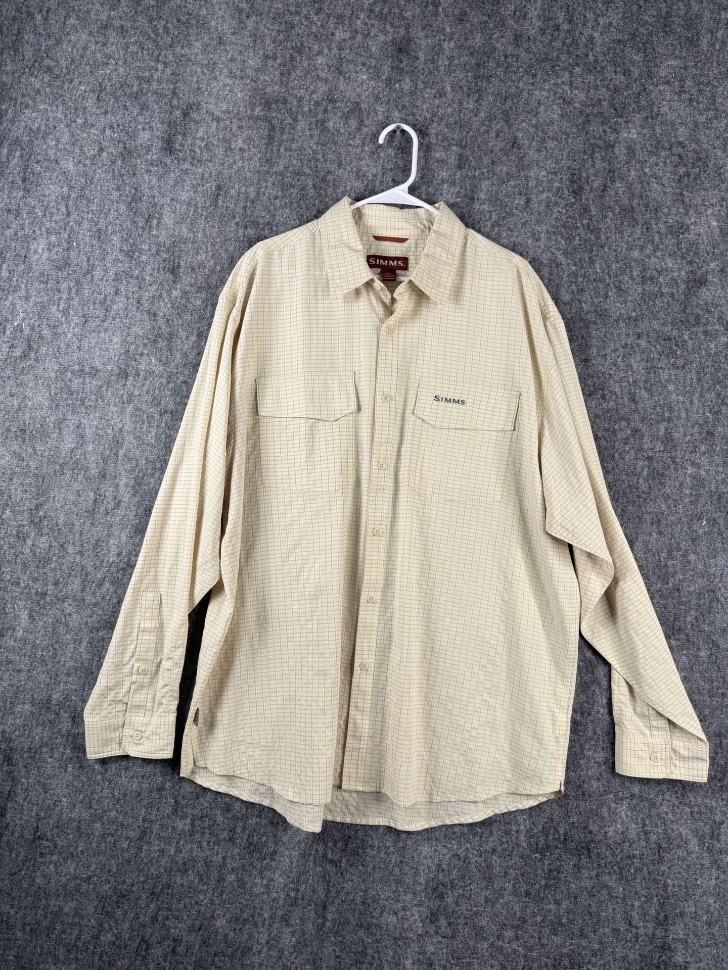Simms Men’s Long Sleeve Fishing Shirt XXL Beige Plaid Button Up Outdoor