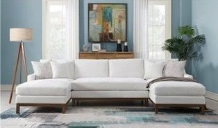 SECTIONAL W CHAISE IN BOTH SIDES WOODEN BASE  AND IVORY CHENILLE FABRIC 