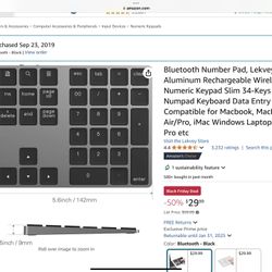 Bluetooth Number Pad, Lekvey Aluminum Rechargeable Wireless Numeric Keypad Slim 34-Keys External Numpad Keyboard Data Entry Compatible for Macbook, Ma