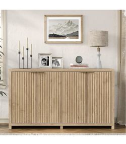 55 inch Oak Fluted Sideboard Buffet Cabinet with 4 Doors, Adjustable Shelves, Wood Storage Cabinet for Dining Room, Living Room, Entryway