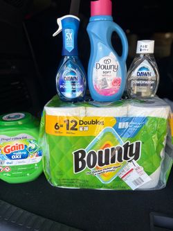 Gain flings, bounty paper towels, dawn power wash & refill, downy softner