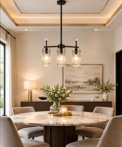 3-Light Black Glass Pendant Light, Adjustable Downrod