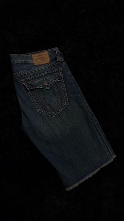 True Religion Short Men Blue Denim Orange Stitching Cut Off Ricky Jorts