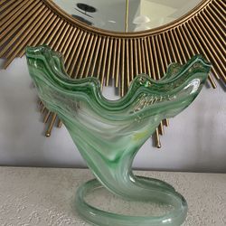 Gorgeous Vintage Hand Blown Green Glass Swirl Vase 