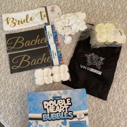 Unopened Box Of Double Heart bubbles 48 Count Bachelorette And Bride To Be Sashes Unused Rose Petals 