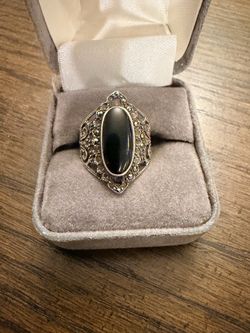 Sterling Silver Black Onyx Marcasite Cocktail Ring