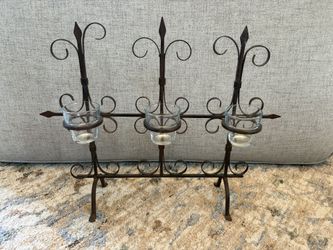 Rustic Metal Candle Display Scroll Design with three glass votive cups