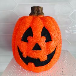 Vintage Seasons Melted Textured Plastic Popcorn Light Up Pumpkin Jack-o-Lantern Halloween Decor 9 1/2” tall.