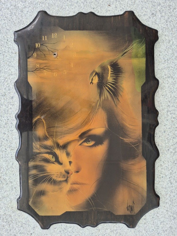 Vintage DenCraft Resin Wall Clock – Surreal Woman, Cat & Bird Art, 1970th