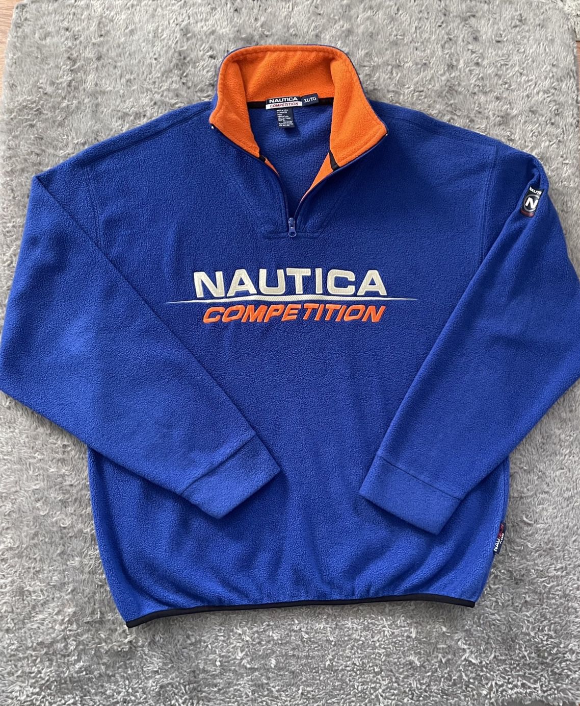 Mens Vintage 90’s Nautica Competition blue fleece pullover 1/4 zip. Size XL. Like New condition Color blue & orange embroidered logo