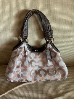 Coach rose gold and brown metallic canvas signature shoulder bag