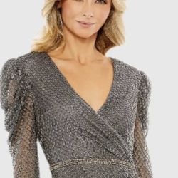 Mac Duggal Dress NWT STYLE# 93674 Charcoal Sz 20  Beaded Wrap LS Midi MSRP $598