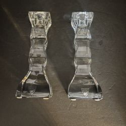 Pair Orrefors Sweden Clear Crystal Wavy Candlesticks Abstract Modern Art Signed 