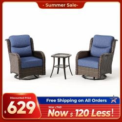 Hawthorne 3 Piece Outdoor Wicker 360° Swivel Conversation Set With Cushions & Side Table For Patio