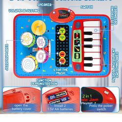 2-in-1 Musical Mat Toys for 1 2 3 4 5 Year Old, Piano Keyboard & Drum Set with 2 Drum Sticks, Early Educational Musical Learning Toys Birthday for 1 2