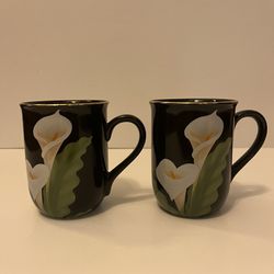 Otagiri Calla Lily Coffee Mug set lot 2 Black gold rim Japan floral vintage