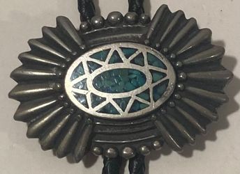 Vintage Metal Bolo Tie, Nice Blue Crushed Malachite Turquoise Stones Design, Nice Design, 2" x 1 1/2", Quality, Heavy Duty, Made in USA, Country & Wes