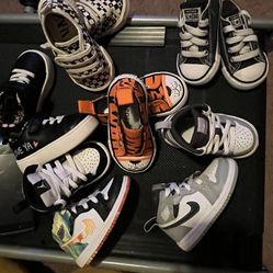 New Balance Size4 $35) (Dunk Low top black and white size 3C $45)( $40) Nikes Air Force 1s size 2 hard  bottom $35) White Tropical Color Jordan’s👇🏽