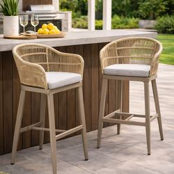 New PURPLE LEAF Set of 2 Outdoor Rattan 29" Bar Stools, Modern Boho Aluminum Patio Bar Height Chair with Cushion and Back for Outdoor and Indoor, Cham