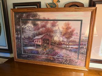 Vintage Country Landscape Framed Art – Covered Bridge & Church