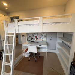 White Wood loft Bed With Bookcase