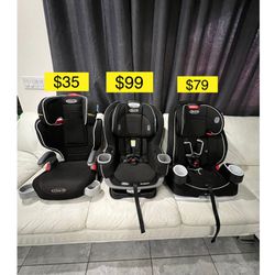 Graco Extend2fit car seat convertible, recliner, double facing $99, Atlas convertible $79, booster $35