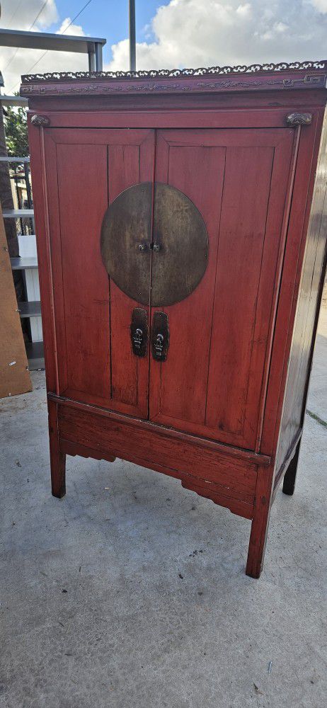 Mid 19th Century Antique Chinese Red Armoire Cabinet

