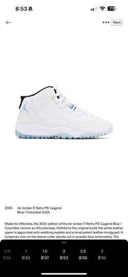 Jordan Columbia Retro 11 Size 2 Preschool $125