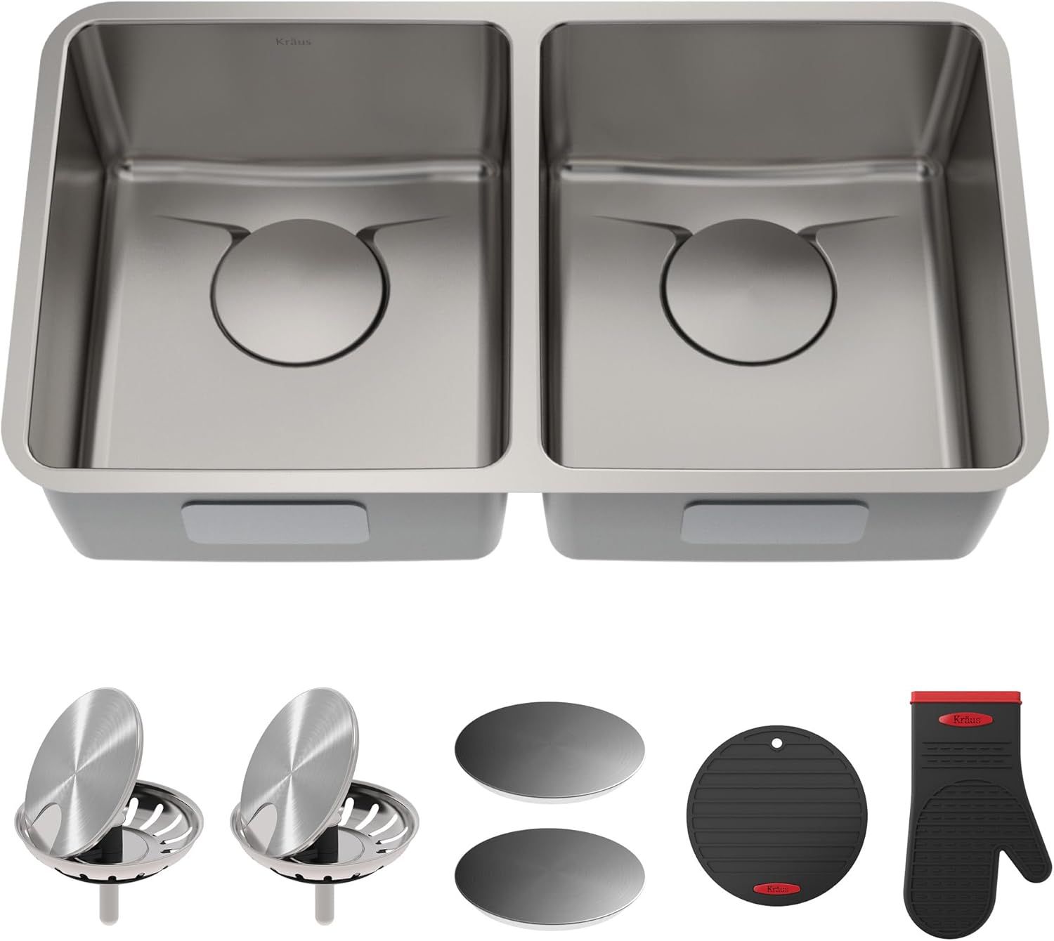 KRAUS Dex 33-Inch Undermount 50/50 Double Bowl TRU16 Gauge Stainless Steel Kitchen Sink with DrainAssure WaterWay and VersiDrain #1574KY1