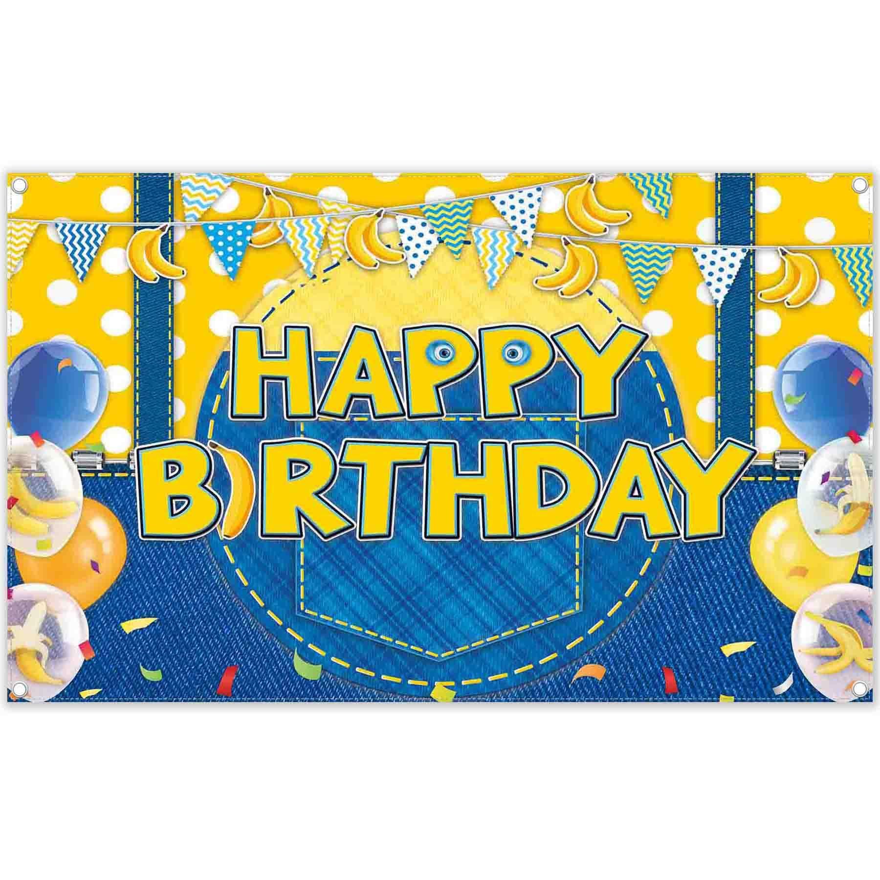 Fabric 72x43inch Yellow Jeans Cartoon Happy Birthday Backdrop Banana Balloon Flag Boy Party Decorations Kids Supplies Photo Booth Props Cake Table Ban