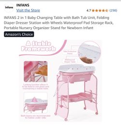 INFANS 2 in 1 Baby Changing Table with Bath Tub Unit, Folding Diaper Dresser Station with Wheels Waterproof