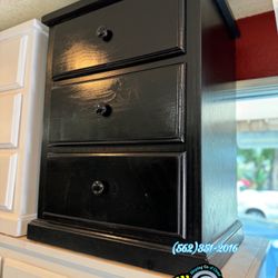 Three Drawer Black Pinewood New Nightstand