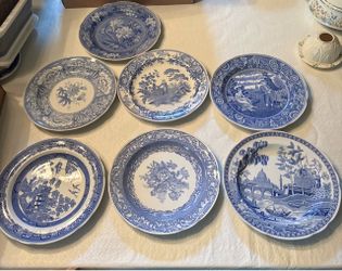 Vintage Spode Blue Room Collection – Set of 7 Blue & White Dinner Plates – Made in England