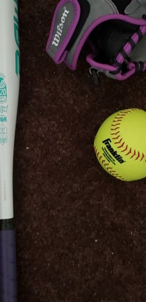 Girls Softball Bat, Glove And 3 Softballs