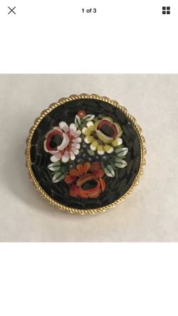 Micro Mosaic Brooch Multicolored Flowers Goldtone