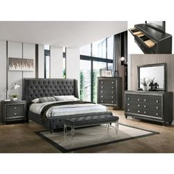 Brand New Gray Linen Queen Bedframe + Dresser + Mirror + Nightstand 4PCs Bedroom Set