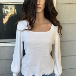 Women’s White Ribbed Square Neck Long Sleeve Top Size XL