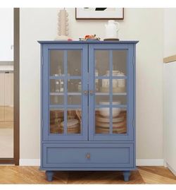 Newly assembled Small Blue Storage Cabinet with Glass Door & Adjustable Shelf, Kitchen Floor Cabinet