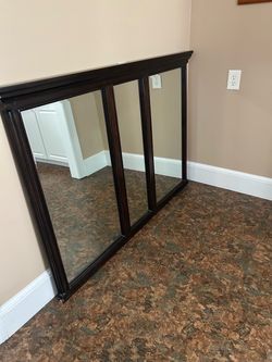 Large Triple Panel Wall Mirror Dark Wood Frame