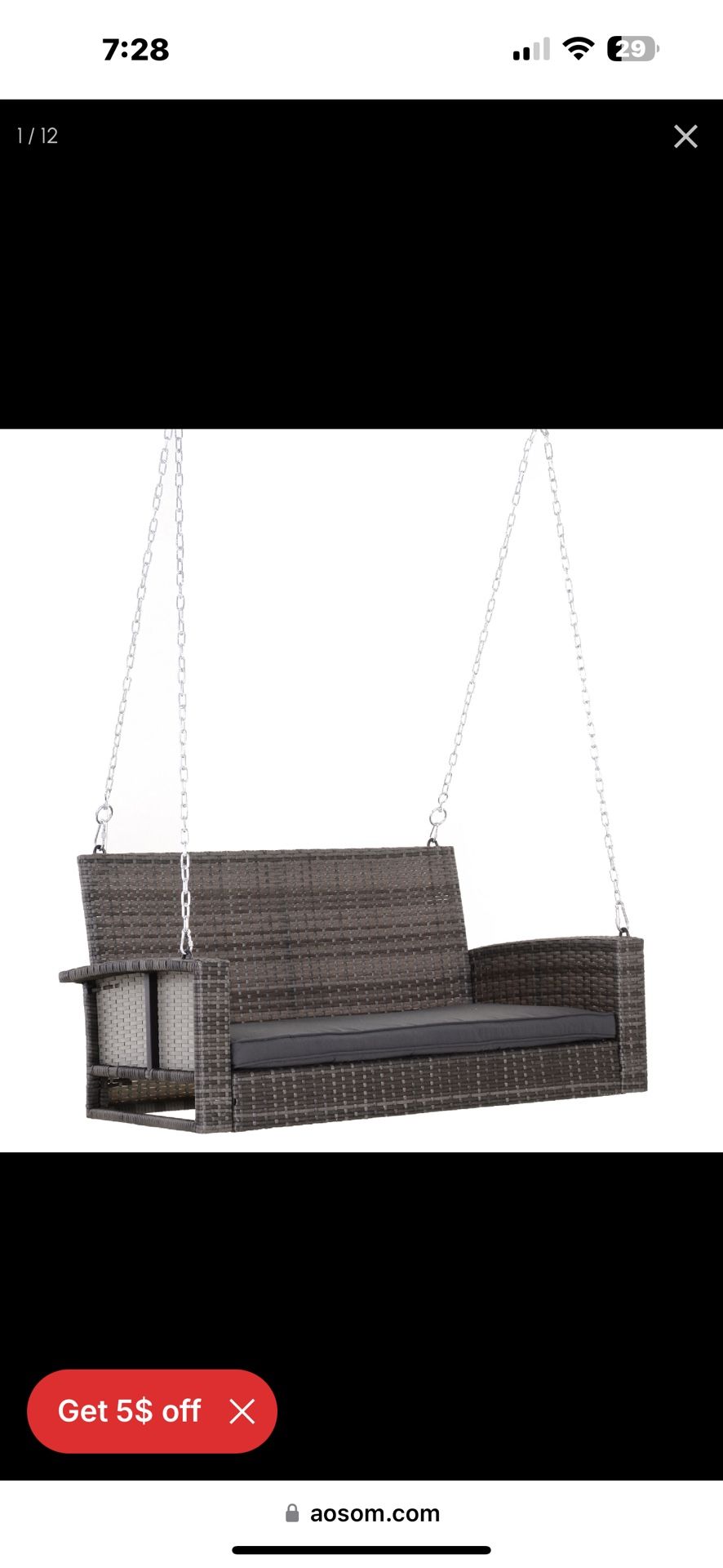 New in box Outsunny 2 Person Wicker Hanging Swing Bench, Front Porch Swing Outdoor Chair with Cushions 550 lbs. Weight Capacity for Backyard, Garden,