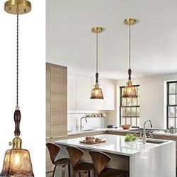 New 4.3” Pack of 2 Amber&Gold Glass Vintage Pendant Light Height Adjustable Handmade Pendant Light