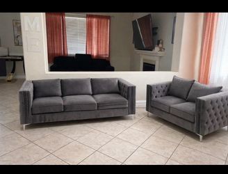 Gray Velvet Tufted Sofa and Loveseat Set