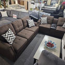 Brand New Brown Linen Sofa + Loveseat With Cup Holders, USB Charging Ports, Power Outlets